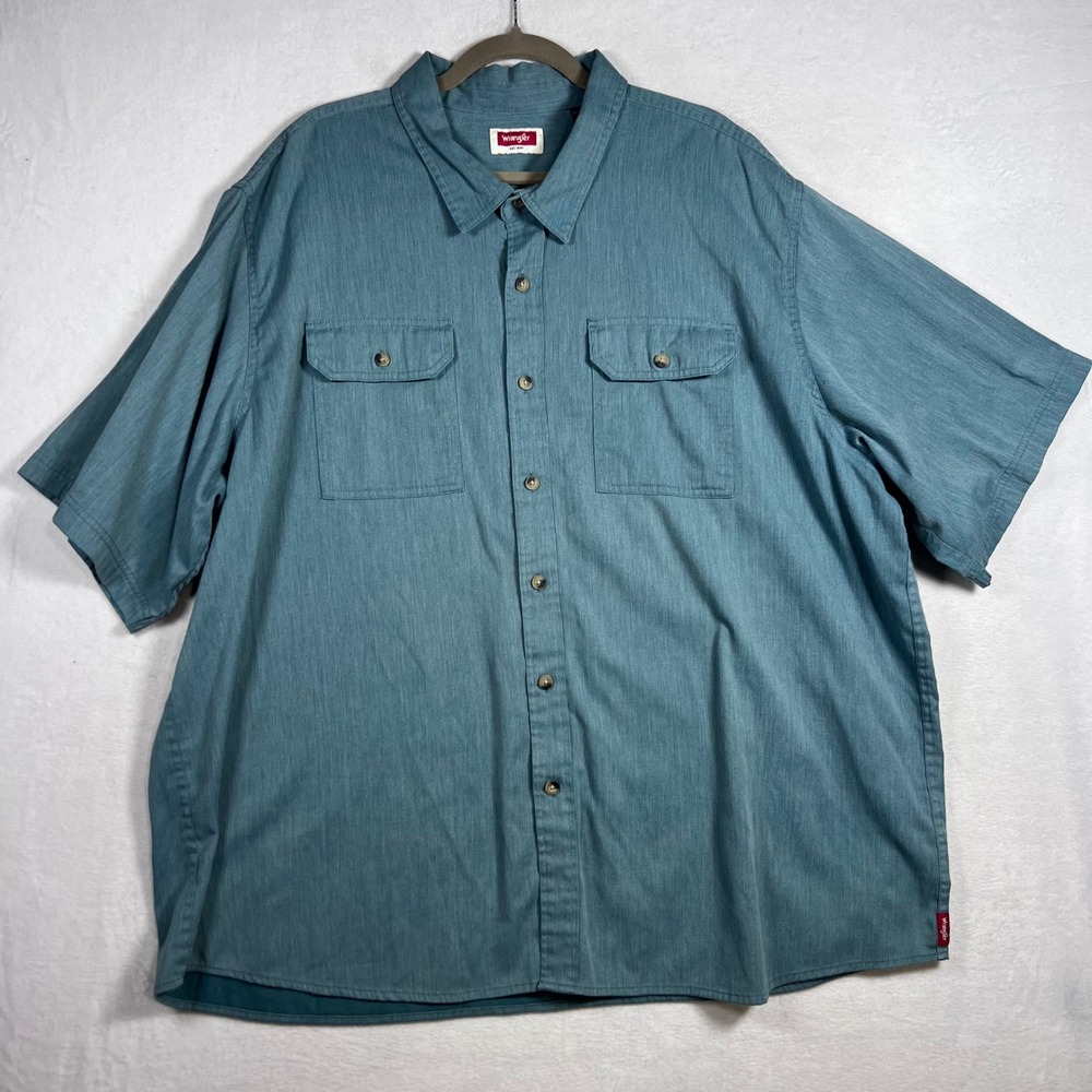 Wrangler Mens 3XL Short Sleeve Button Down Shirt Teal Blue Stretch Workwear